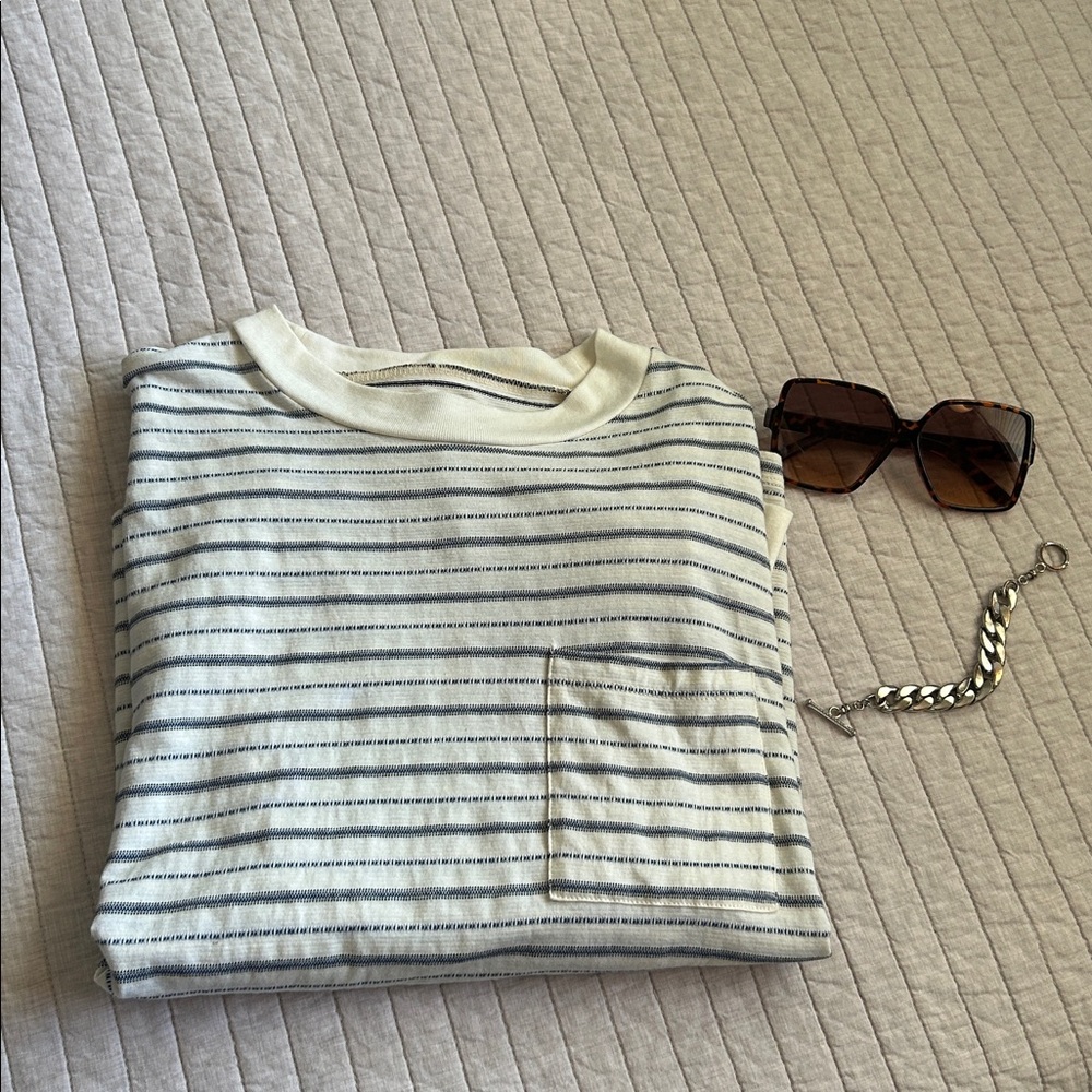 Madewell Jacquard cream blue cotton blend boxy Stripe Pocket Tee L - Picture 2 of 12